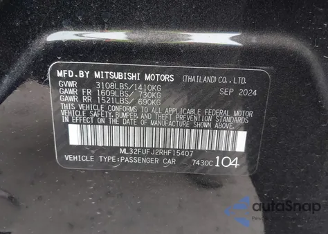 2024 Mitsubishi Mirage G4 Black Edition/Es/Le z USA, uszkodzony, nr VIN ML32FUFJ2RHF15407